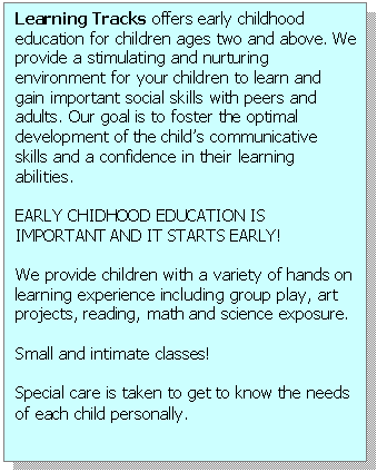 Text Box: What we did this Summer !

Check out our programs

Learning Nest VPK 
Learning Nest Threes 
Tiny Treasures Twos
Tiny Treasures Threes




